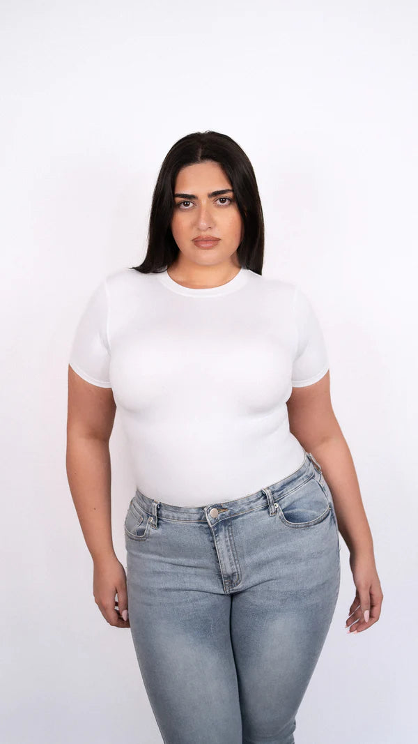 Short Sleeve Crew Neck Bodysuit - White