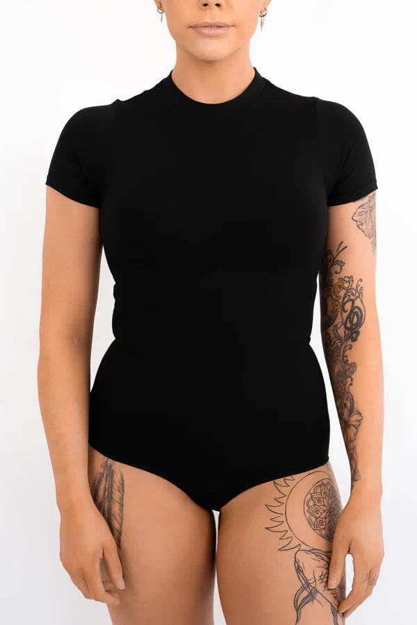 Short Sleeve Crew Neck Bodysuit - Black