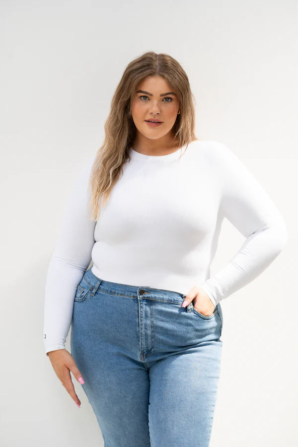 Long Sleeve Crew Neck Bodysuit - White
