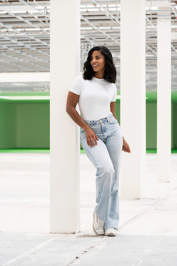 Short Sleeve Crew Neck Bodysuit - White