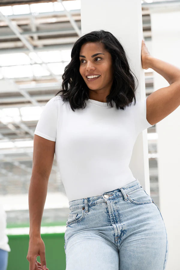 Short Sleeve Crew Neck Bodysuit - White