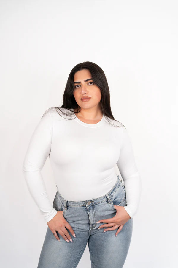 Long Sleeve Crew Neck Bodysuit - White