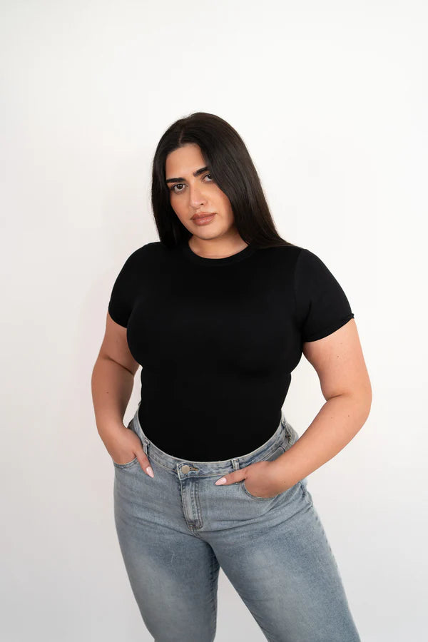 Short Sleeve Crew Neck Bodysuit - Black